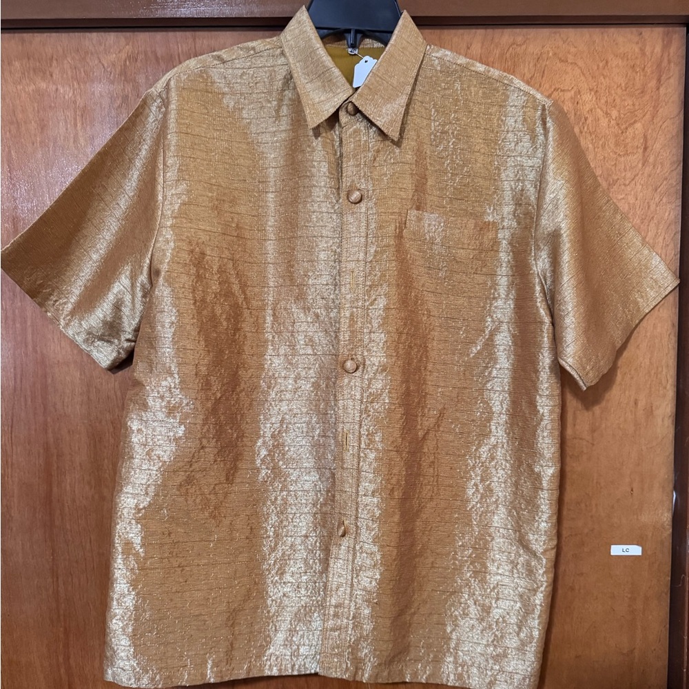 Men's Gold Short Sleeve Shirt Button Down Shimmer 46 (Large)